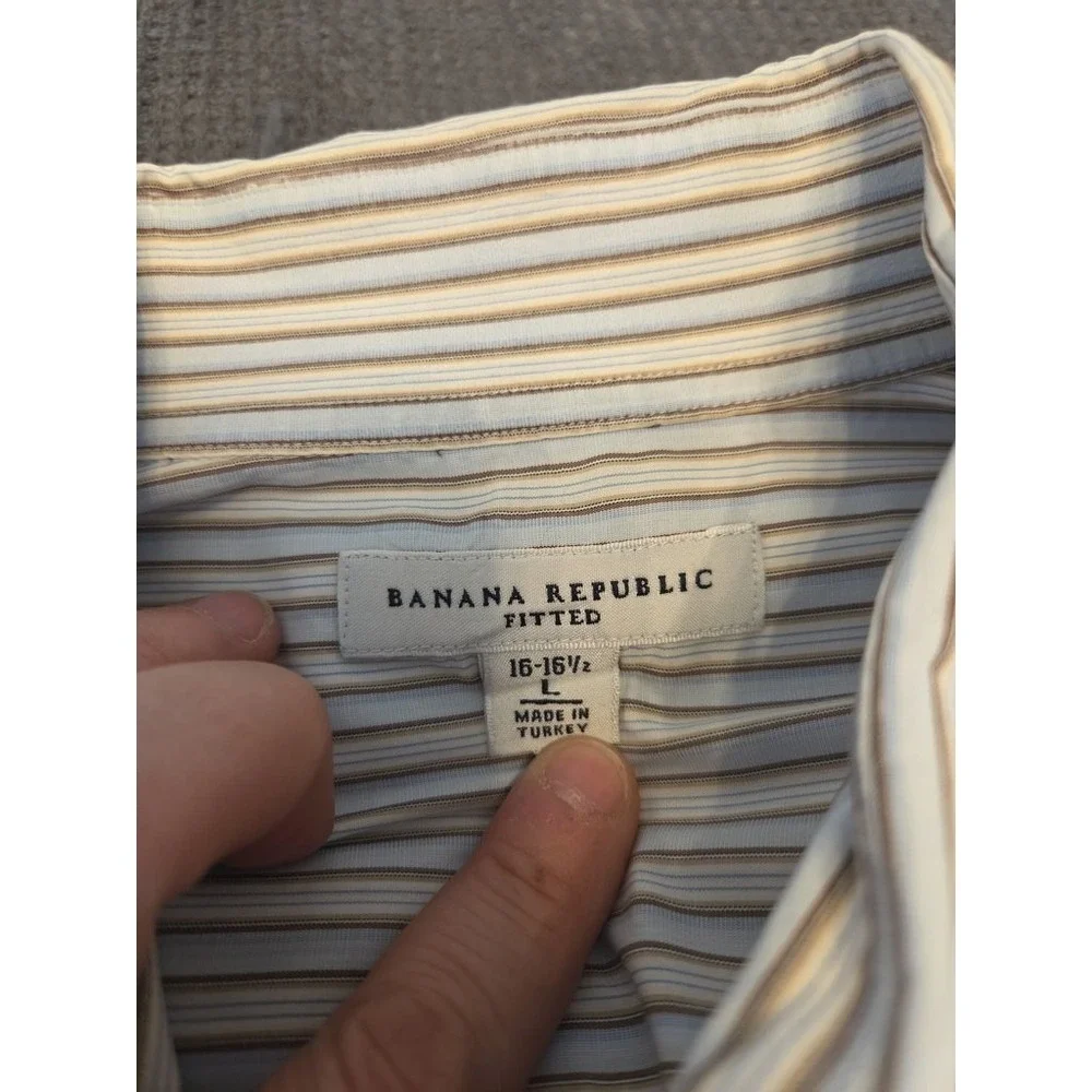 Banana Republic Mens L 16-16.5 Fitted Button Down Shirt Striped‎ Blue Tan Cotton